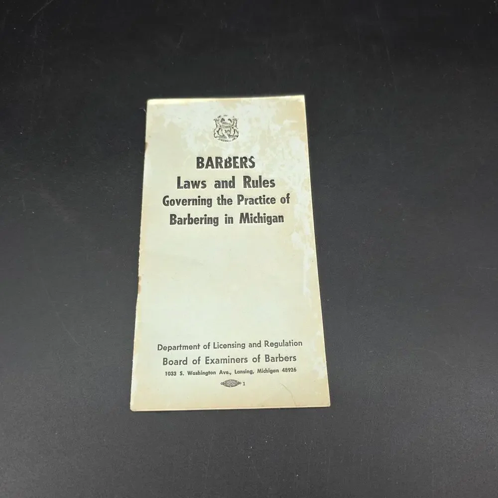 Vintage 1968 BARBERS Laws & Rules Governing Barbering in Michigan Pamphlet